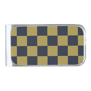 Elegant Gold & Navy Blue Checkered Pattern Silver Finish Money Clip