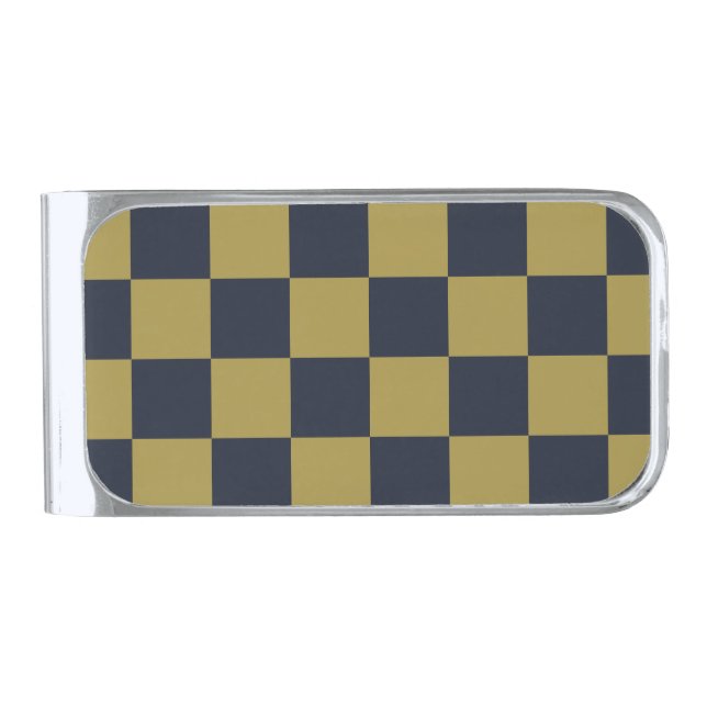 Elegant Gold & Navy Blue Checkered Pattern Silver Finish Money Clip (Front)