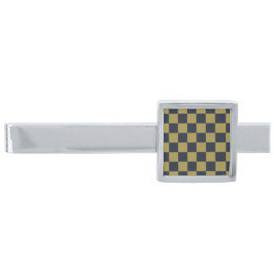 Elegant Gold & Navy Blue Checkered Pattern Silver Finish Tie Bar