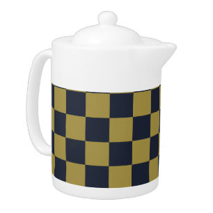 Elegant Gold & Navy Blue Checkered Pattern Teapot
