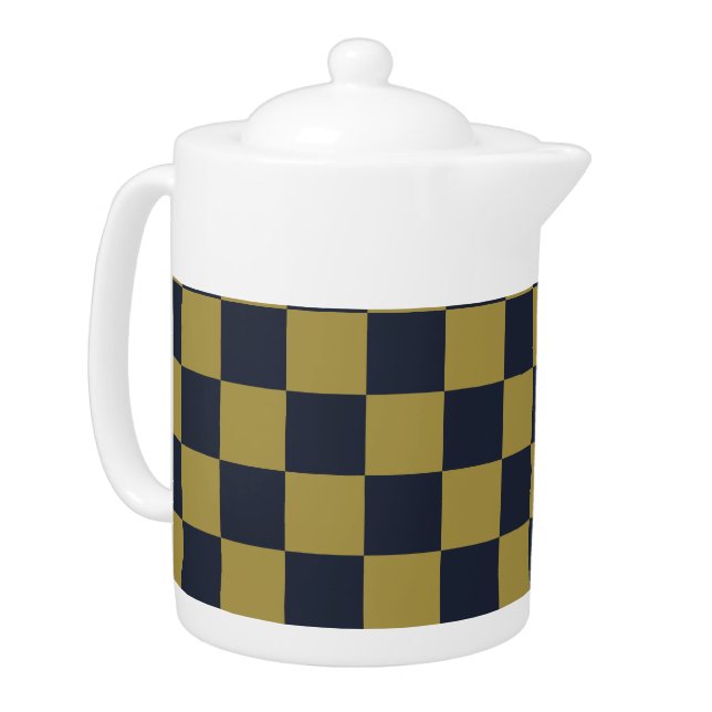Elegant Gold & Navy Blue Checkered Pattern Teapot (Left)
