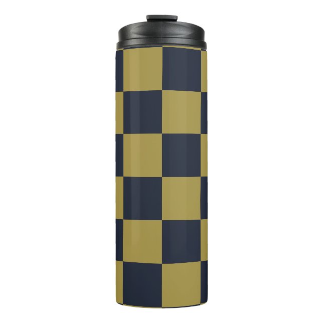 Elegant Gold & Navy Blue Checkered Pattern Thermal Tumbler (Front)