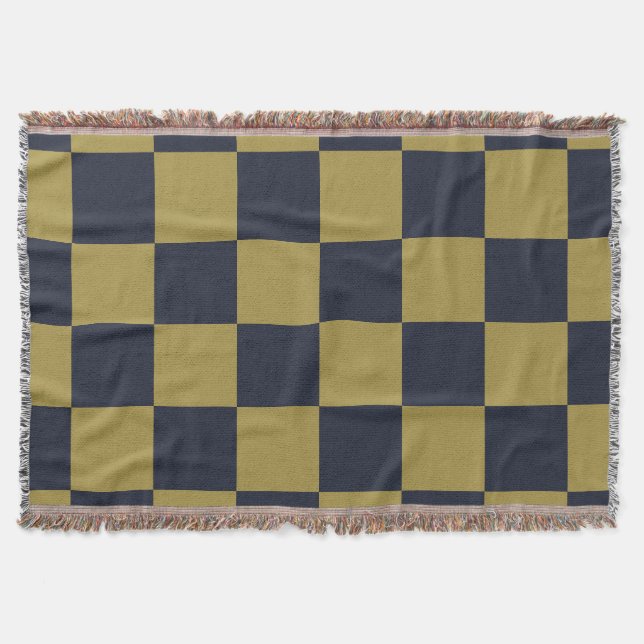 Elegant Gold & Navy Blue Checkered Pattern Throw Blanket (Front)