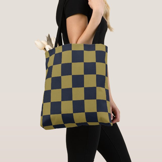 Elegant Gold & Navy Blue Checkered Pattern Tote Bag (Close Up)