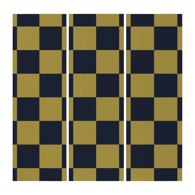 Elegant Gold & Navy Blue Checkered Pattern Triptych (Front)