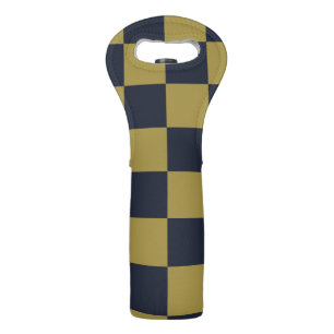 Elegant Gold & Navy Blue Checkered Pattern Wine Bag