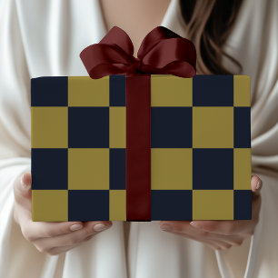 Elegant Gold & Navy Blue Checkered Pattern Wrapping Paper