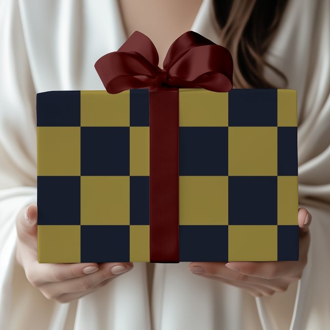 Elegant Gold & Navy Blue Checkered Pattern Wrapping Paper (Creator Uploaded)