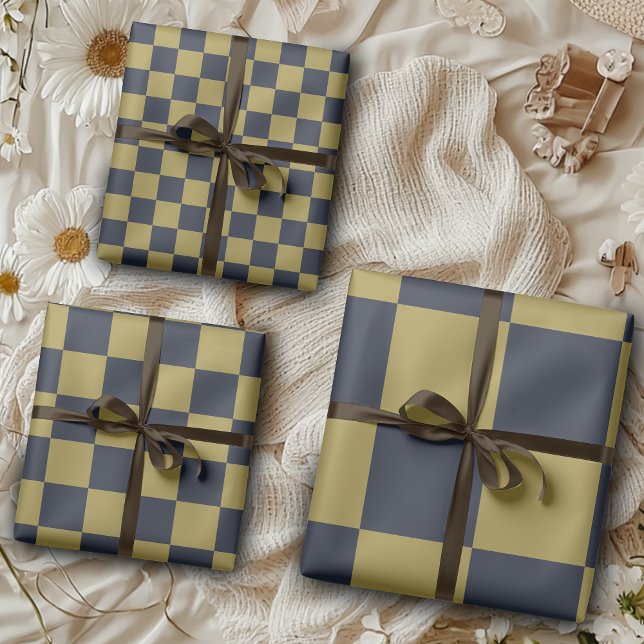 Elegant Gold & Navy Blue Checkered Pattern Wrapping Paper Sheets (Creator Uploaded)