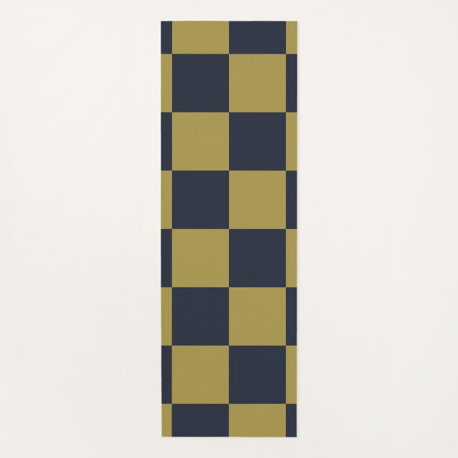 Elegant Gold & Navy Blue Checkered Pattern Yoga Mat (Front)