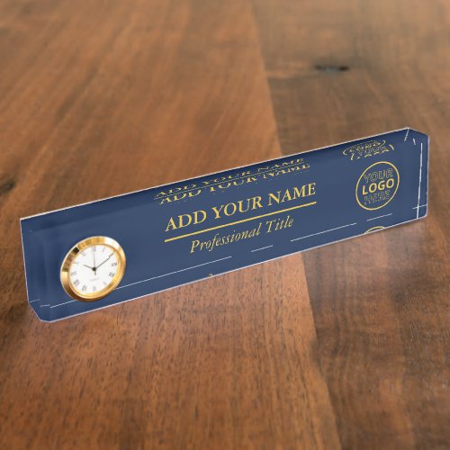 Elegant Gold Navy Blue Clock Desk Name Plate