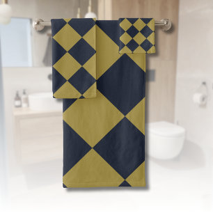Elegant Gold & Navy Blue Diamond Pattern Bath Towel Set