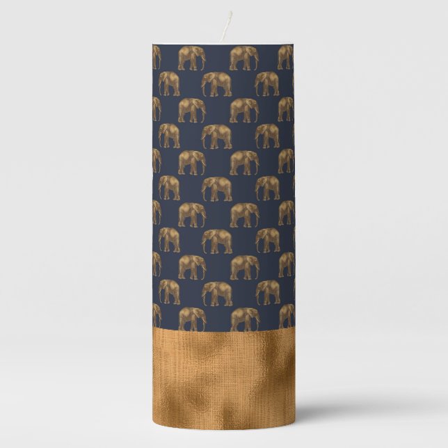 Elegant Gold Navy Blue Elephant Jungle Chic Pillar Candle (Front)