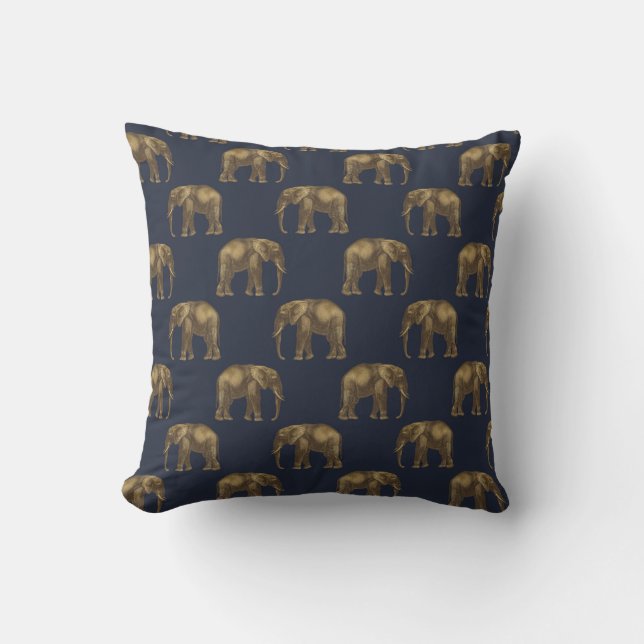 Elegant Gold Navy Blue Elephant Print Throw Pillow (Front)
