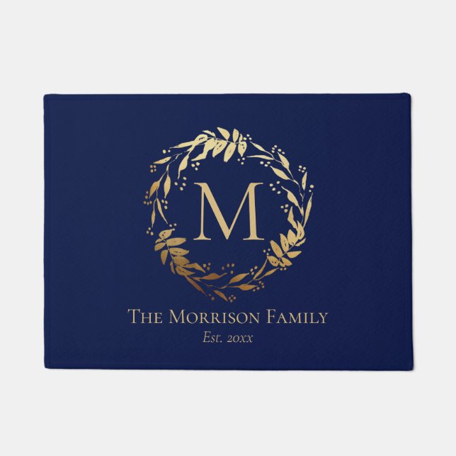 Elegant Gold Navy Blue Eucalyptus Wreath Monogram Doormat (Front)