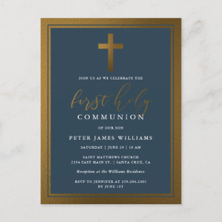 Elegant Gold & Navy Blue First Holy Communion Invitation Postcard