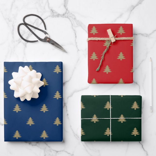 Elegant gold navy blue green red Christmas Trees  Wrapping Paper Sheets (Front)