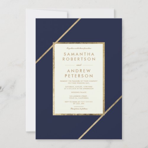 Elegant gold navy blue ivory stripe modern wedding invitation