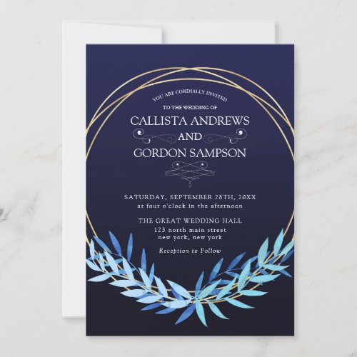 Elegant Gold Navy Blue Leaves Circle Wedding Invitation