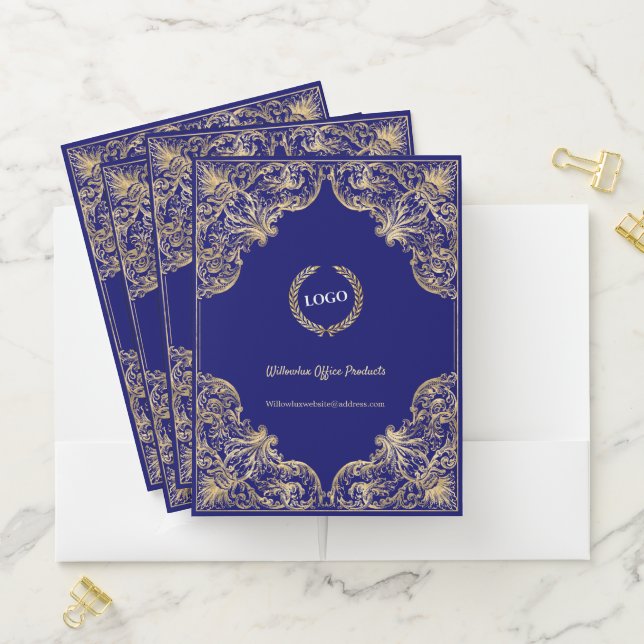 Elegant Gold Navy Blue Logo Business Pocket Folder (In Situ)
