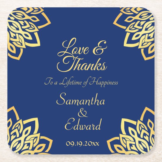 Elegant Gold Navy Blue Mandala Wedding Square Paper Coaster