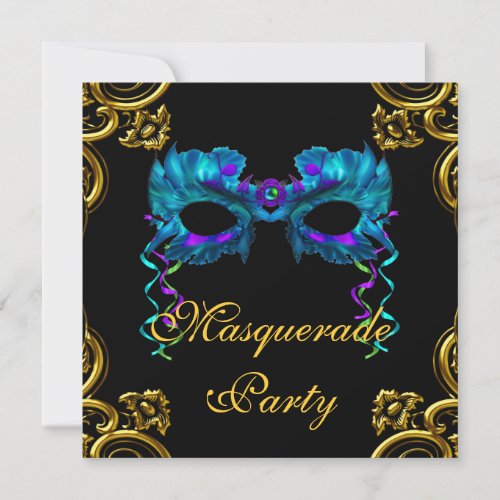Elegant Gold Navy Blue Masquerade Party Invitation