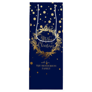Elegant Gold Navy Blue Merry Christmas Wreath Wine Gift Bag
