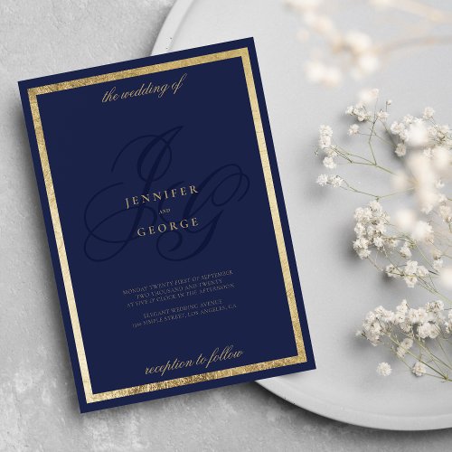 Elegant gold navy blue monogram initals wedding invitation