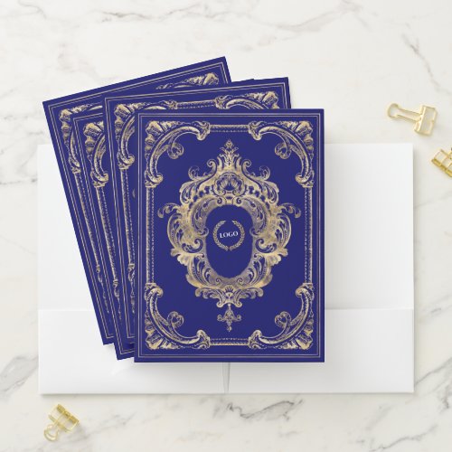 Elegant Gold Navy Blue Ornate Logo Business Pocket Folder