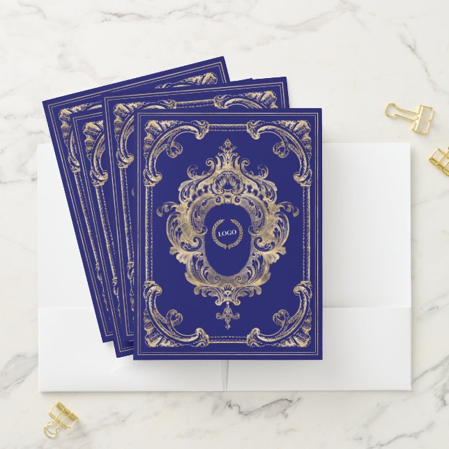 Elegant Gold Navy Blue Ornate Logo Business Pocket Folder (In Situ)