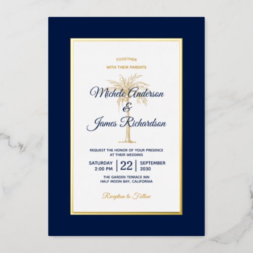 Elegant Gold Navy Blue Palm Tree Beach Wedding Foil Invitation
