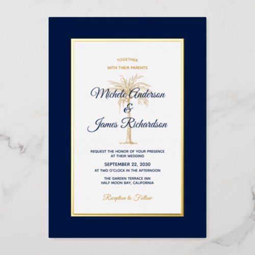 Elegant Gold Navy Blue Palm Tree Tropical Wedding Foil Invitation