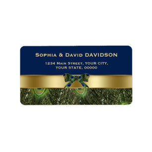 Elegant Gold Navy Blue Peacock Feathers Wedding Label