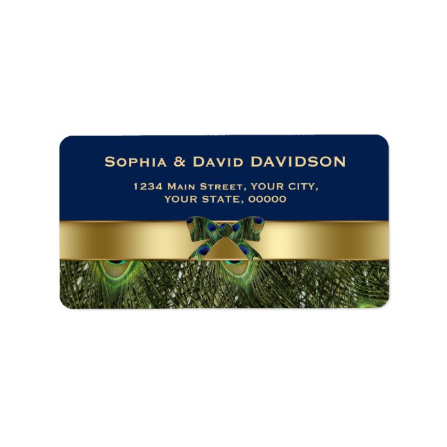 Elegant Gold Navy Blue Peacock Feathers Wedding Label (Front)