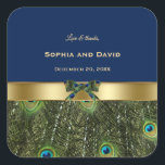 Elegant Gold Navy Blue Peacock Feathers Wedding Square Sticker<br><div class="desc">Elegant Design featuring Peacock Feathers and navy blue background,  separated by a golden ornament with a peacock ribbon for a special wedding event,  or any other events. Personalize with your own information. Matching items: in my Peacock Blue Collection.</div>