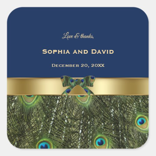 Elegant Gold Navy Blue Peacock Feathers Wedding Square Sticker