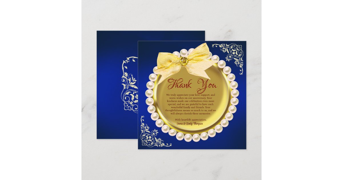 Elegant Gold Navy-Blue Pearl Wedding Anniversary Thank You Card | Zazzle