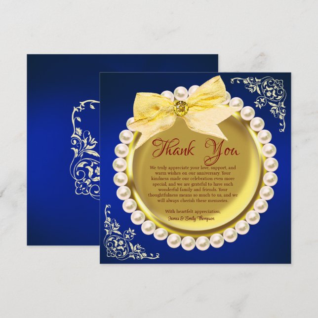 Elegant Gold Navy-Blue Pearl Wedding Anniversary  Thank You Card (Front/Back)