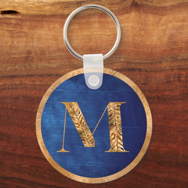 Elegant Gold & Navy Blue Personalized Monogram Keychain (Front)