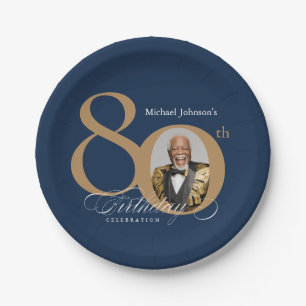 Elegant Gold Navy Blue Photo 80th Birthday Paper Plates
