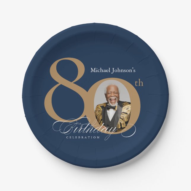 Elegant Gold Navy Blue Photo 80th Birthday Paper Plates (Front)