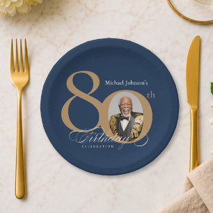 Elegant Gold Navy Blue Photo 80th Birthday Paper Plates