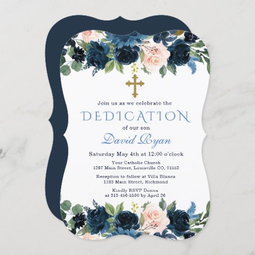 Elegant Gold Navy Blue Pink Floral Dedication Invitation