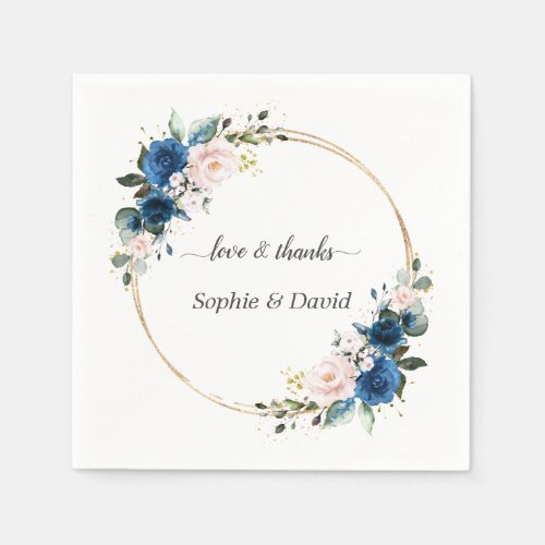 Elegant Gold Navy Blue Pink Flowers Bloom Wedding Napkins