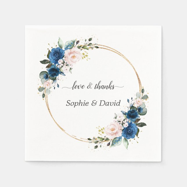 Elegant Gold Navy Blue Pink Flowers Bloom Wedding Napkins (Front)