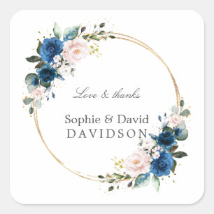 Elegant Gold Navy Blue Pink Flowers Bloom Wedding Square Sticker