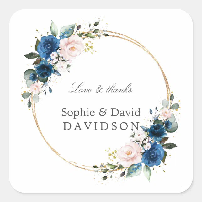 Elegant Gold Navy Blue Pink Flowers Bloom Wedding Square Sticker | Zazzle