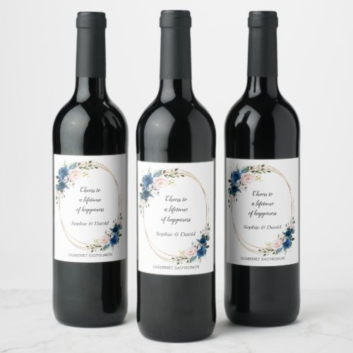 Elegant Gold Navy Blue Pink Flowers Bloom Wedding Wine Label