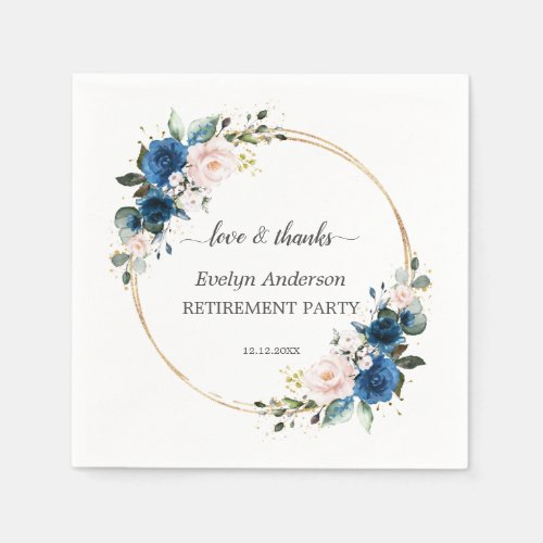 Elegant Gold Navy Blue Pink Flowers Retirement Napkins