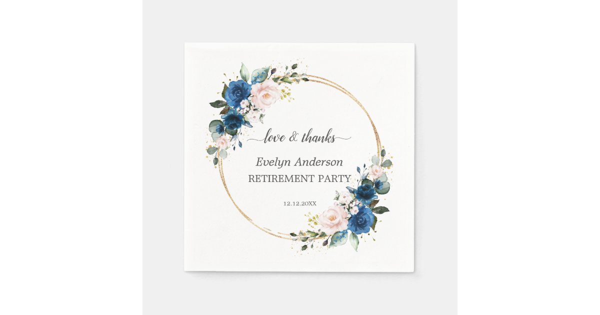 Elegant Gold Navy Blue Pink Flowers Retirement Napkins Zazzle